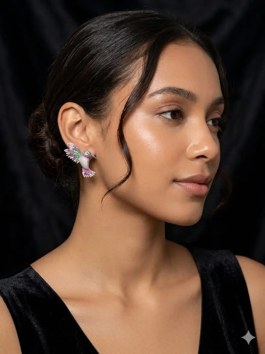 Floral Hummingbird Silver Earrings - Image 2