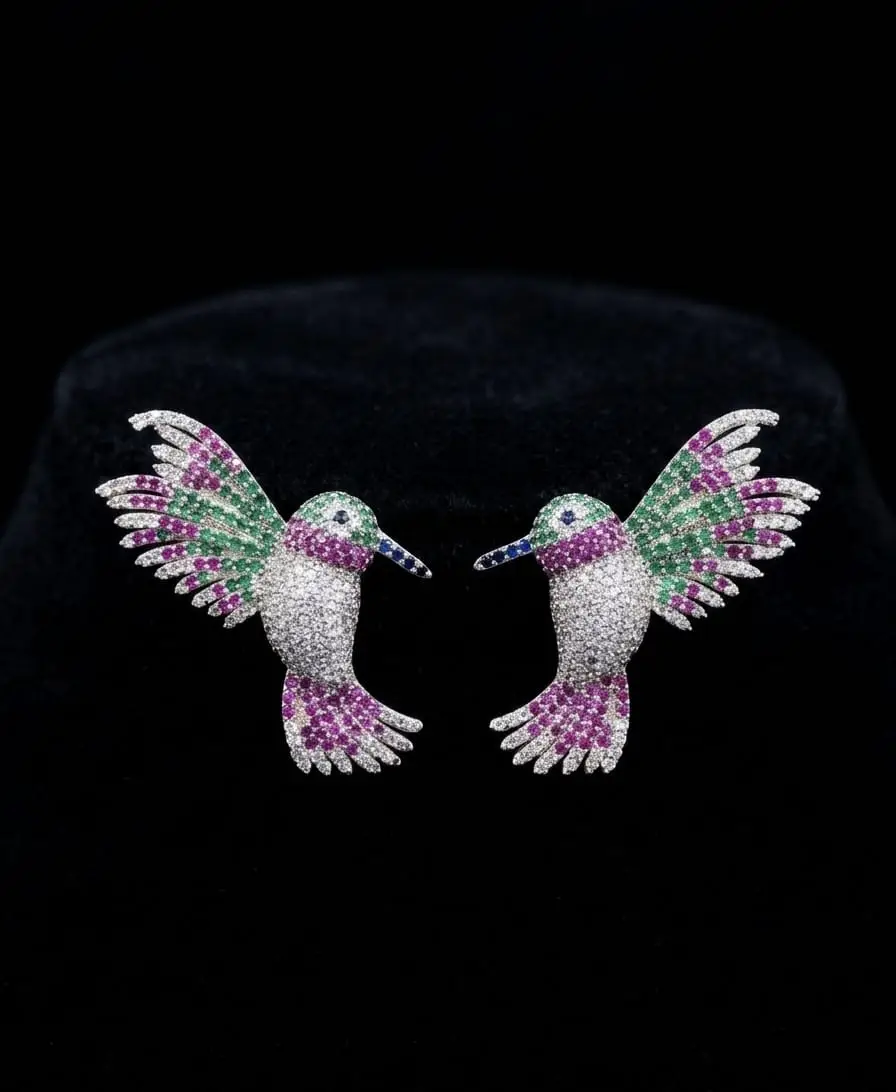 Floral Hummingbird Silver Earrings