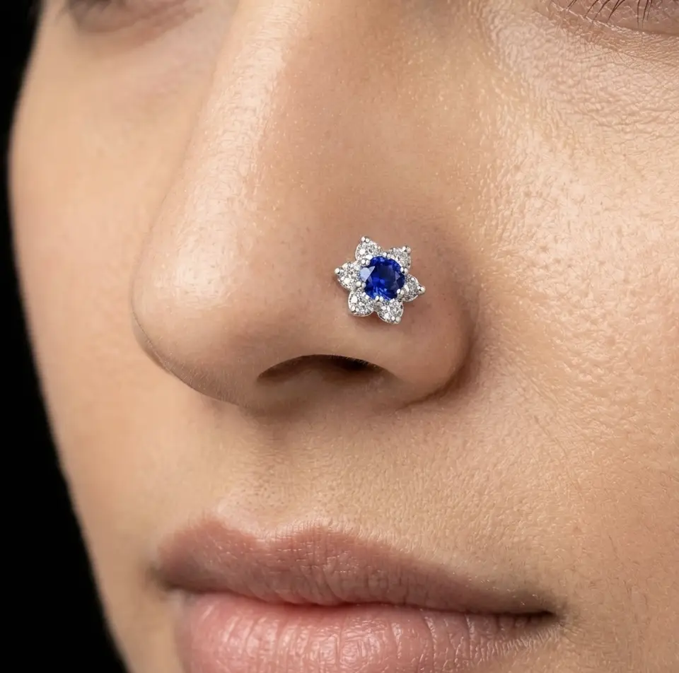 Royal Blue Flower Nose Pin - Image 2