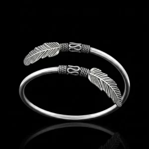 Silver Feather Bypass Bangle Bracelet