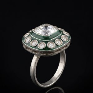 Royal Emerald Enamel & Polki Diamond Silver Ring