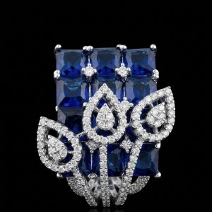 Royal Blue Sapphire & Floral Diamond Silver Statement Ring  Caption