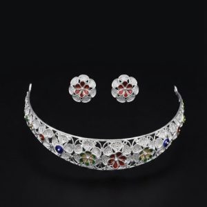 Handcrafted Silver Floral Meenakari Filigree Choker Set
