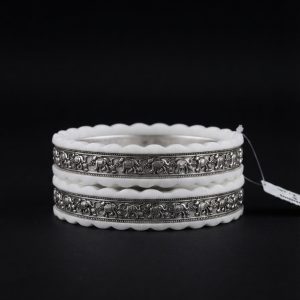 Hand-Carved White Sankha Silver Elephant Procession Band Bangle Set
