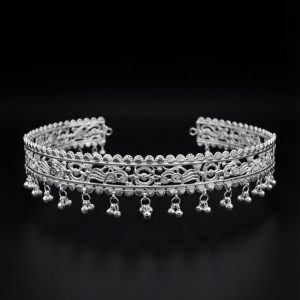 Handcrafted Silver Swirl Filigree Choker with Hanging Ghungroo Drops