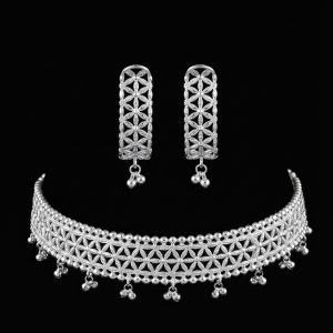 Handcrafted Silver Floral Lattice Filigree Choker Set