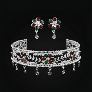 Handcrafted Silver Floral Vine Meenakari Choker Set
