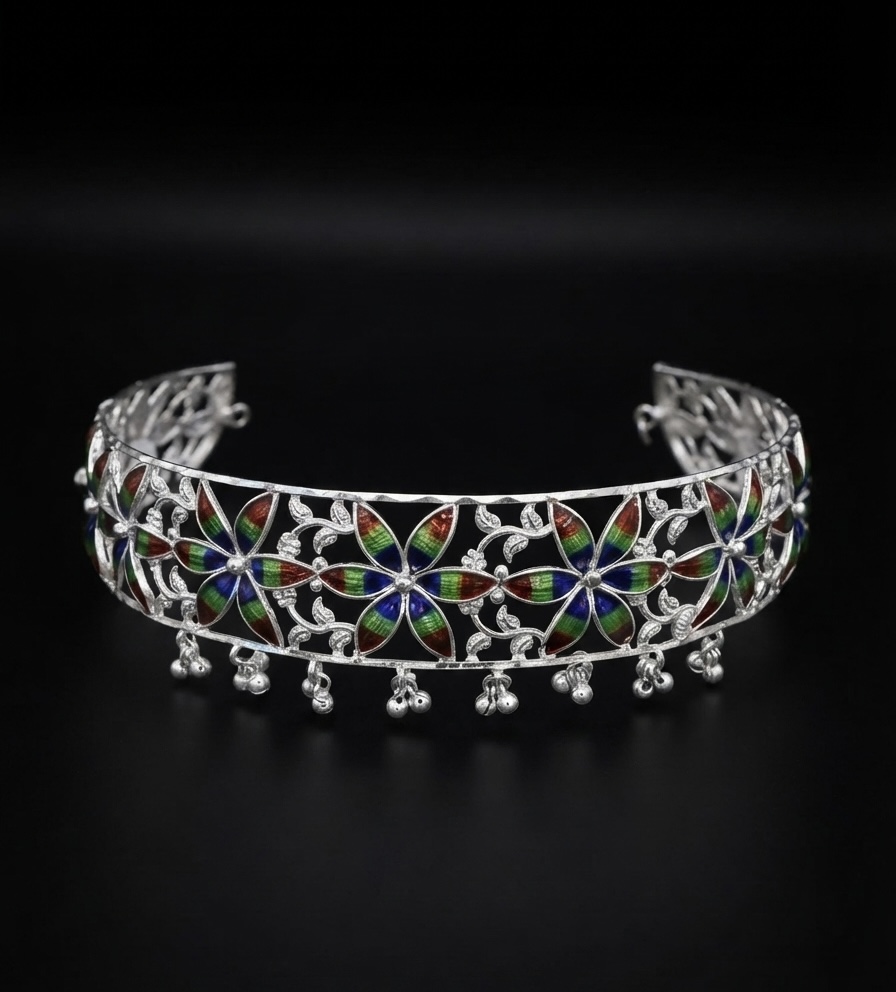 Handcrafted Silver Floral Star Meenakari Mayura Prasada Choker