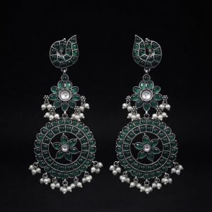 Panna Emerald-Tone Uncut Green Onyx Handcrafted Silver Chandbali Earrings