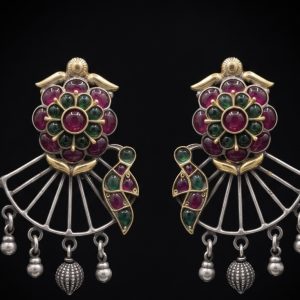 Kamala Pankha Uncut Ruby & Onyx Dual-Tone Handcrafted Silver Earrings