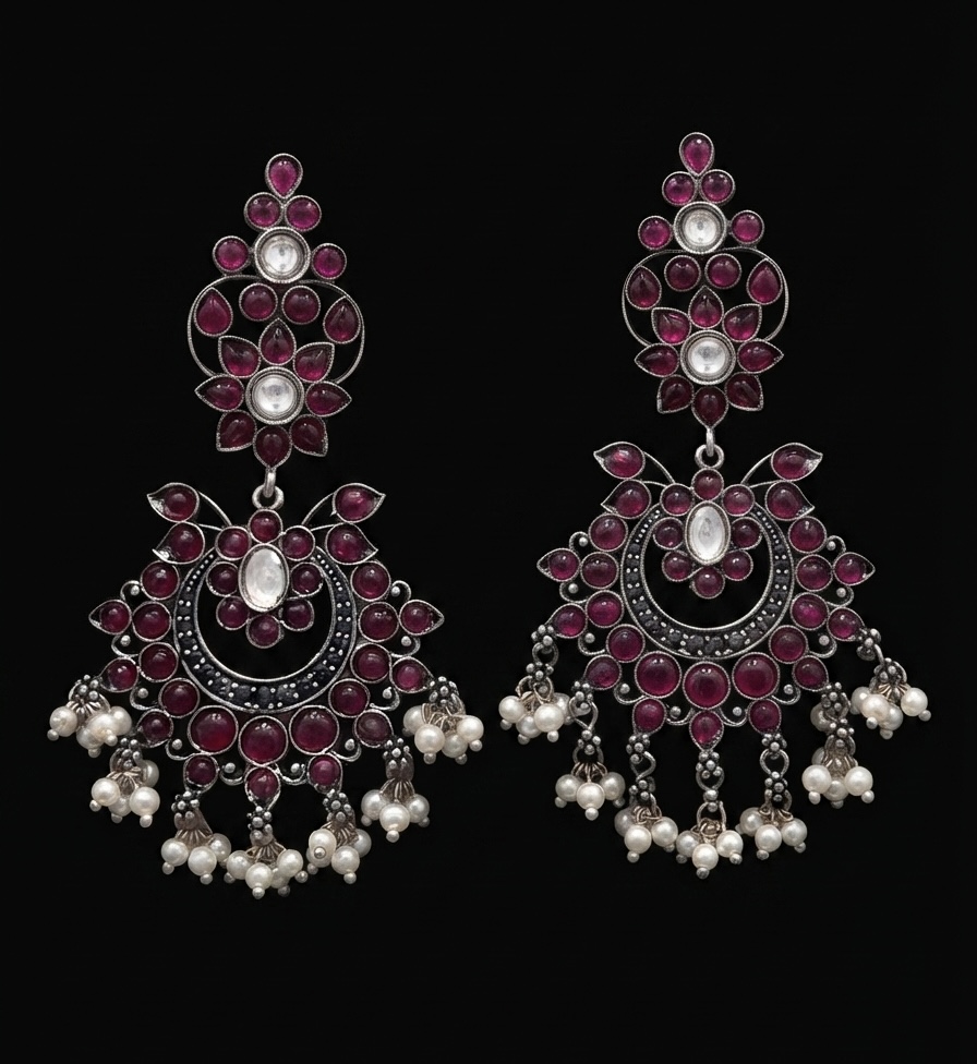 Manikya Chandbali Uncut Ruby Handcrafted Silver Earrings