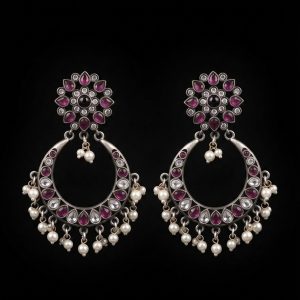 Manikya Chandbali Uncut Ruby Handcrafted Silver Earrings