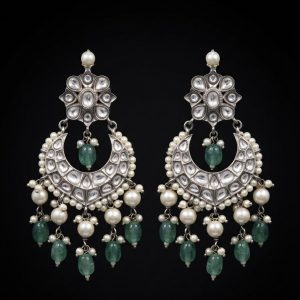 Panna Moti Kundan Chandbali Handcrafted Silver Earrings