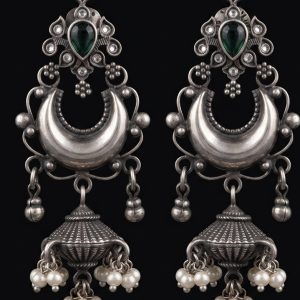 Panna Chandbali Jhumka Handcrafted Silver Earrings