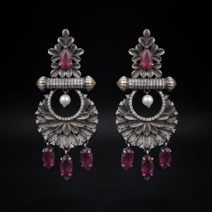 Manikya Pankha Red Stone & CZ Antique Silver Statement Earrings
