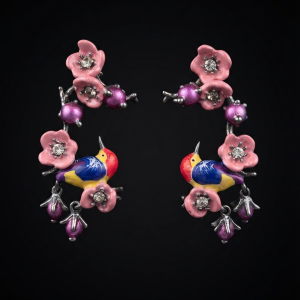 Kuhuk Enamel Bird & Cherry Blossom Handcrafted Silver Earrings