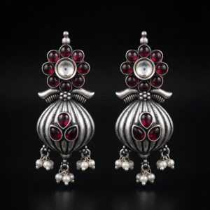 Manikya Kalash Red Stone Handcrafted Silver Earrings