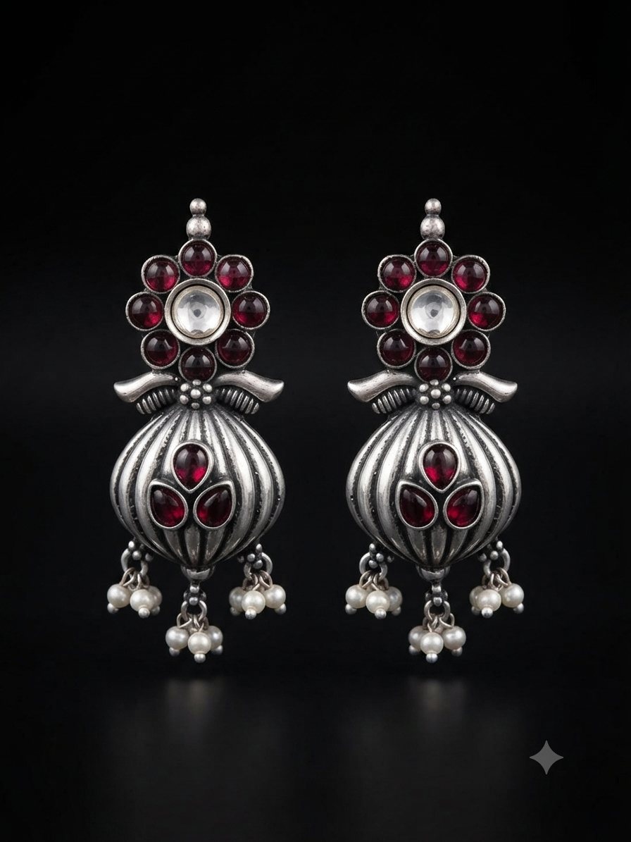 Manikya Kalash Red Stone Handcrafted Silver Earrings