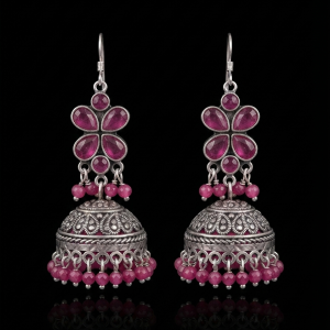 Pushpa Jhumka Pink Gemstone Handcrafted Silver Earrings