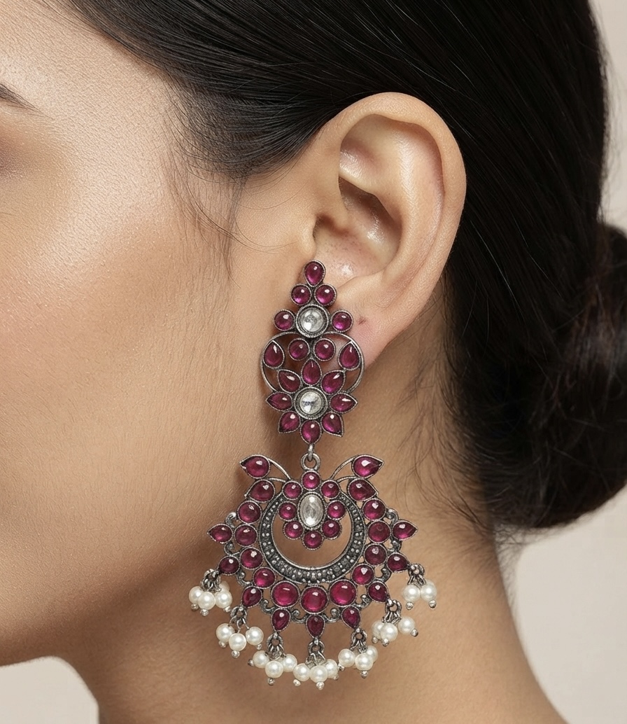 Manikya Chandbali Uncut Ruby Handcrafted Silver Earrings - Image 2