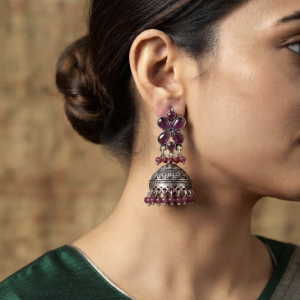 Pushpa Jhumka Pink Gemstone Handcrafted Silver Earrings