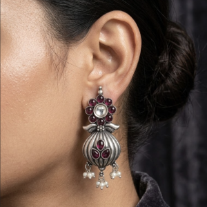Manikya Kalash Red Stone Handcrafted Silver Earrings