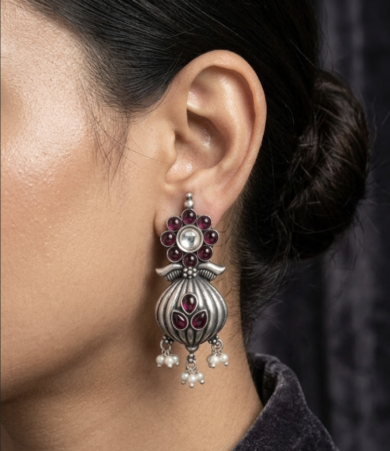 Manikya Kalash Red Stone Handcrafted Silver Earrings