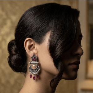 Manikya Pankha Red Stone & CZ Antique Silver Statement Earrings