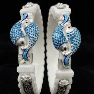 Twin Fish Blue Enamel Silver Sankha Bangles