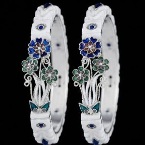 Blue and Green Floral Cluster Meenakari Silver Sakha Bangles