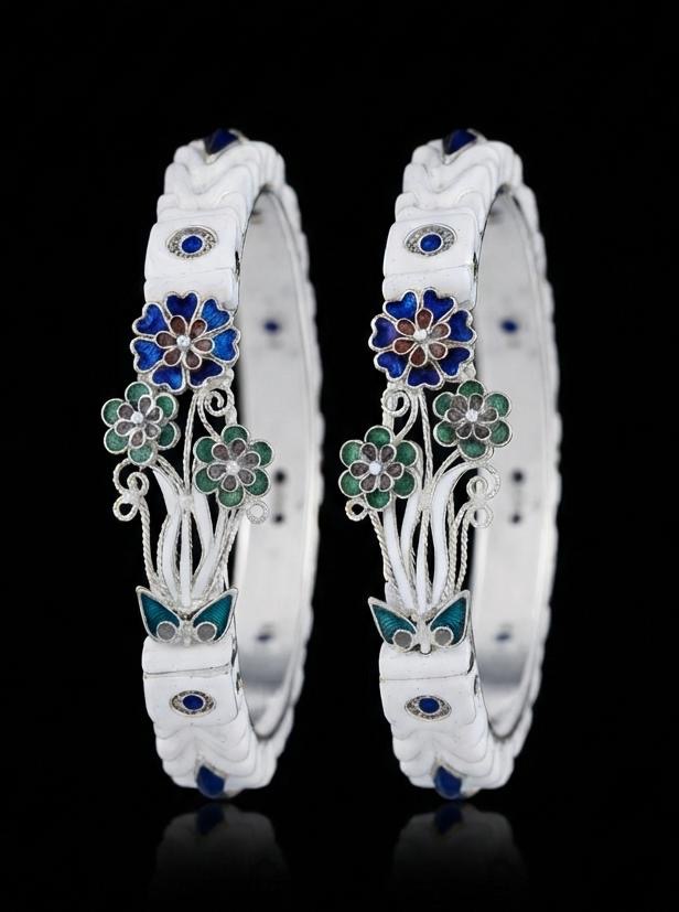 Blue and Green Floral Cluster Meenakari Silver Sakha Bangles