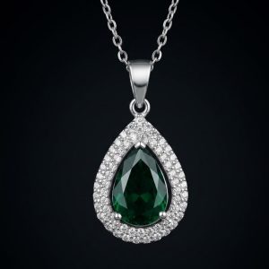 Silver Emerald Pear Halo Pendant Set
