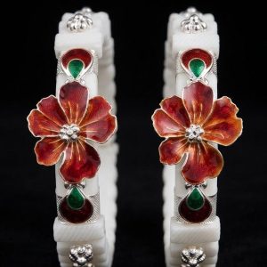 Red and Green Floral Enamel Silver Sakha Bangles