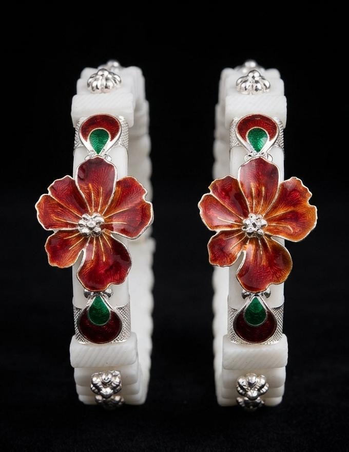 Red and Green Floral Enamel Silver Sakha Bangles