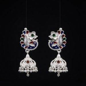 Meenakari Peacock Silver Jhumka