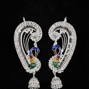 Meenakari Peacock Silver Kaan Pasha (or Silver Filigree Peacock Ear Cuffs with Jhumka)