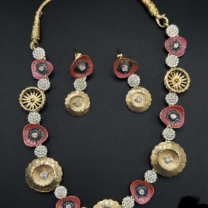 Matte Gold Pink & Teal Enamel Floral Silver Necklace Set