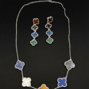 Multicolor Clover Motif Necklace & Drop Earring Set