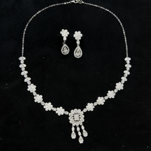 Radiant Floral Sunburst CZ Silver Necklace Set