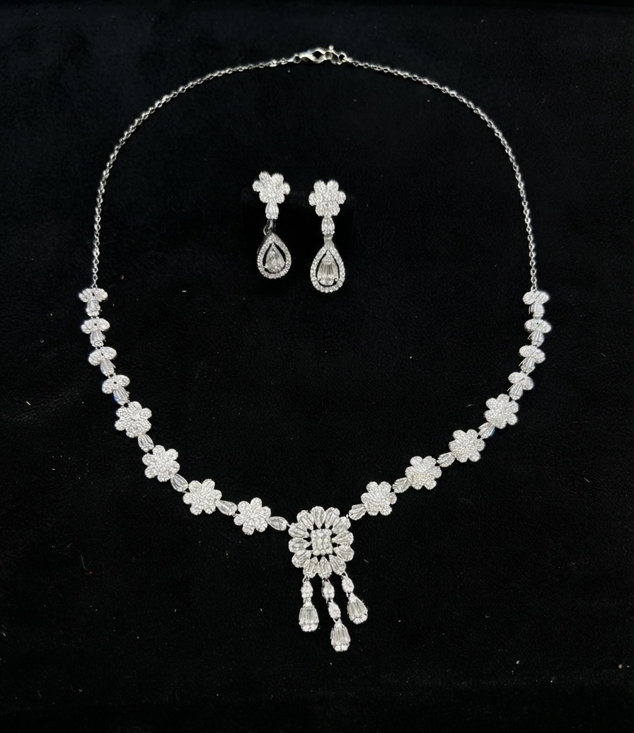 Radiant Floral Sunburst CZ Silver Necklace Set
