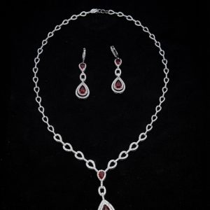 Crimson Ruby Teardrop CZ Silver Necklace Set
