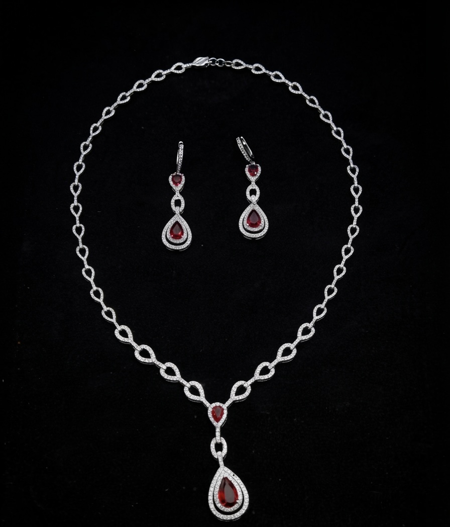 Crimson Ruby Teardrop CZ Silver Necklace Set