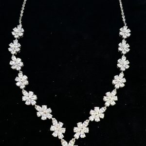 Sparkling CZ Floral V-Shaped Silver Necklace