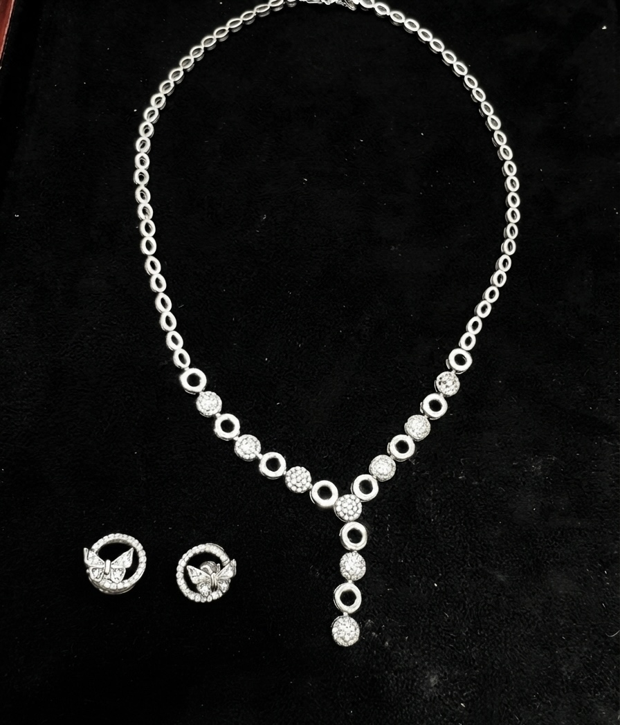 Textured Sphere & Butterfly CZ Silver Lariat Necklace Set