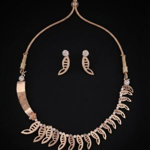 Asymmetric Lattice Leaf Rose Gold Silver Necklace Set