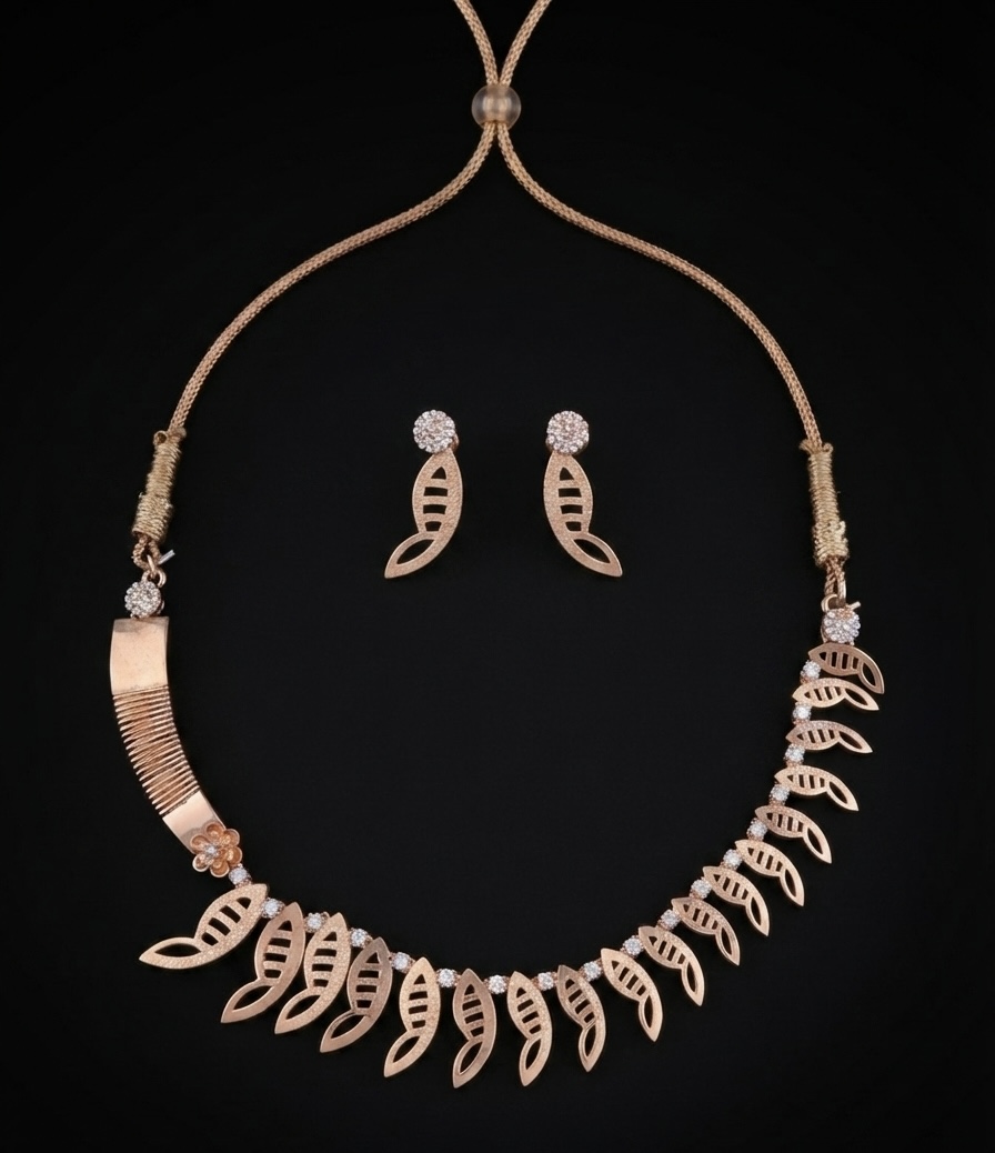 Asymmetric Lattice Leaf Rose Gold Silver Necklace Set