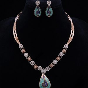Turquoise Treble Clef Enamel Rose Gold Silver Necklace Set