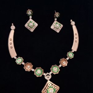 Rose Gold Green Enamel CZ Floral Necklace Set