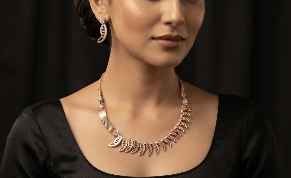 Asymmetric Lattice Leaf Rose Gold Silver Necklace Set - Image 2