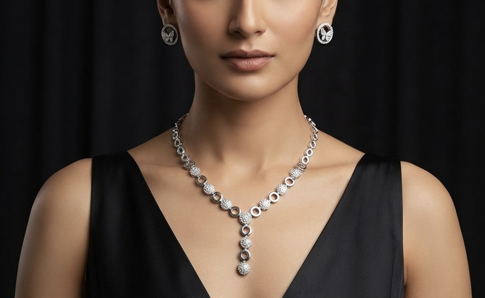 Textured Sphere & Butterfly CZ Silver Lariat Necklace Set - Image 2
